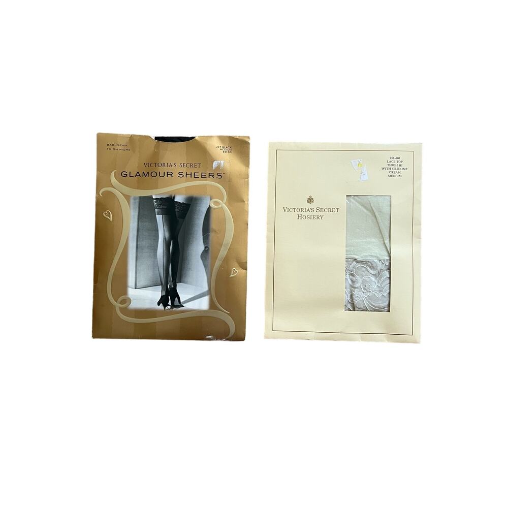 (2) Vintage 1990s Victoria's Secret Thigh Highs Lace Backseam Black Cream Sz Med